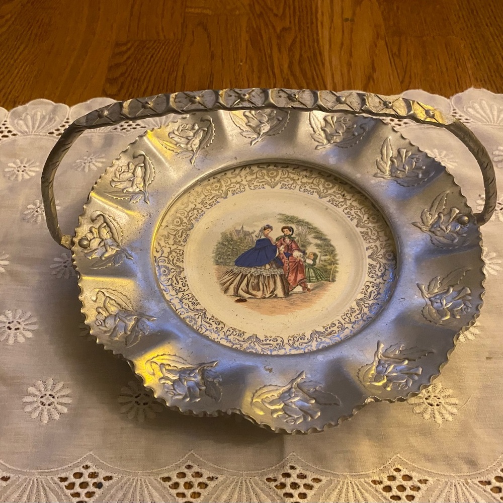 Vintage Farber and Shlevin Candy Dish/Serving Plate, China and Aluminum